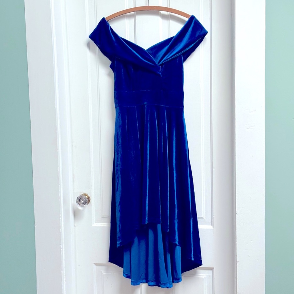 New With Tags Jasambac Royal Blue Velvet Holiday High Low Dress Size Medium - Picture 5 of 9